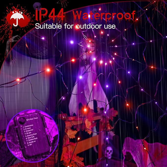 Ollny Spider Web Decoration 6.6FT 126 LED, Orange and Purple Halloween Lights with Black Spider Battery Powered 8 Modes Timer, Waterproof Cobweb String Light for Outdoor Indoor House Yard Party