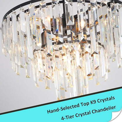 Modern Black Crystal Chandelier, 18" Round Chandeliers for Dining Room 4-Tier 6 Lights Luxury Top K9 Crystal Ceiling Pendant Light Fixture for Foyer Bedroom Closet