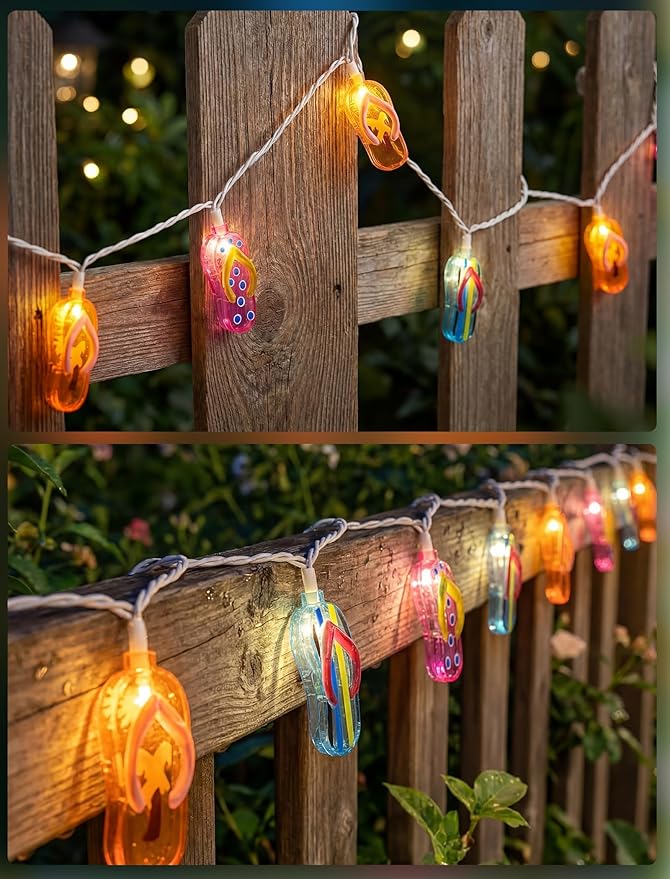 LED Tropical Beach Flip Flop String Lights, 8.5Ft Slipper String Lights Plug in with 10 Multicolor Bulbs, Summer Hawaiian Themed Decorative Lights Camping Tent Holiday Party Garden Outdoor Decor