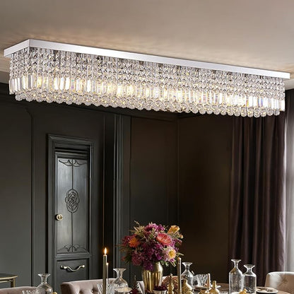 Modern Crystal Chandelier,13-Light Chandelier for Dining Room,K9 Crystal Rectangle Chandeliers,59-inch Adjustable Hanging Pendant Light Fixture Kitchen Island Bar Bedroom