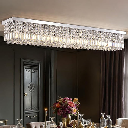 Modern Crystal Chandelier,13-Light Chandelier for Dining Room,K9 Crystal Rectangle Chandeliers,59-inch Adjustable Hanging Pendant Light Fixture Kitchen Island Bar Bedroom