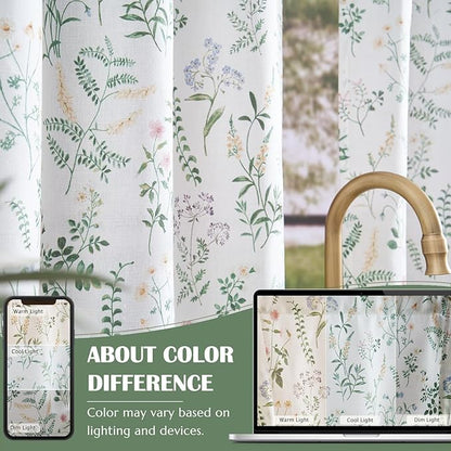 jinchan Spring Floral Kitchen Curtain Over Sink Farmhouse Linen Tier Curtain 24 Inch Length Cafe for Living Room Bathroom Botanical Small Drapes Rustic Light Filtering Rod Pocket 1 Panel Sage Green
