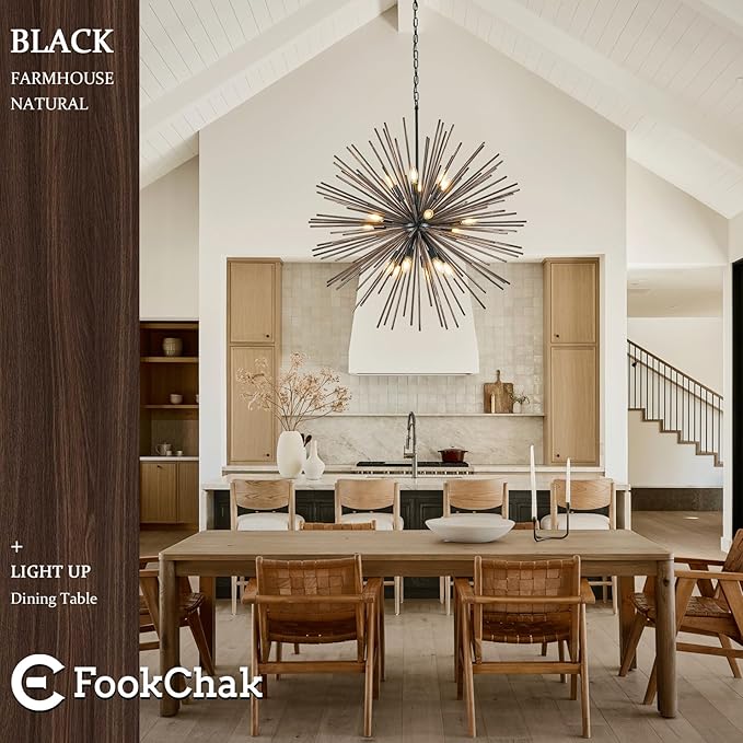 Large Wood Sputnik Chandeliers 18 Light Starburst Chandelier Light Fixture Solid Wood Farmhouse Black Satellite Light Fixture for Living Room Foyer Dining Room Hotal Hall 36in