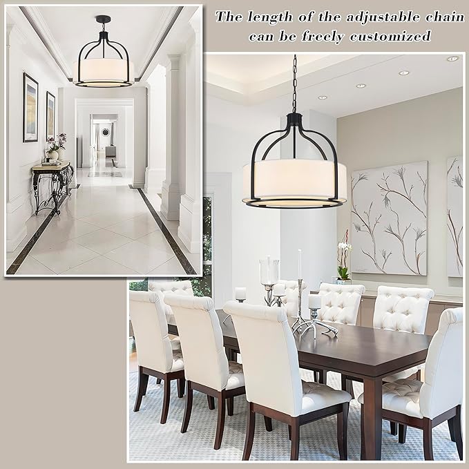 20.5'' Modern Black Drum Chandelier, 5-Light Large Farmhouse Chandeliers for Dining Room Hanging Light Fixture Drum Pendant Light with White Fabric Shade for Kitchen Living Room Foyer Entryway Bedroom