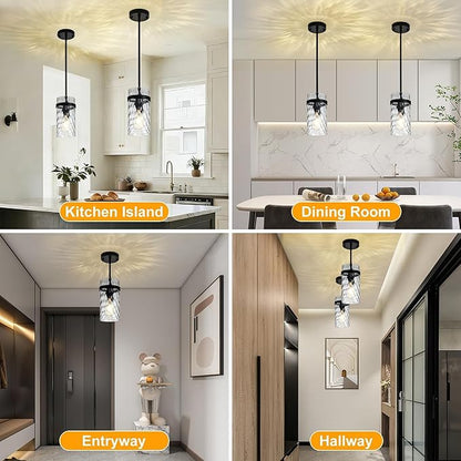 2 Pack Black Pendant Lights Kitchen Island, Hammered Glass Pendant Lighting Over Island, Kitchen Hanging Light Fixtures Pendant Light Over Sink for Kitchen Entryway Foyer Dining Room