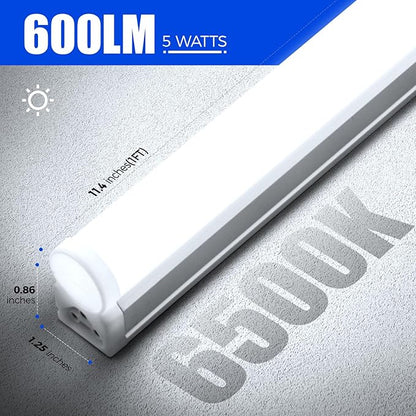 Barrina 6 Pack LED T5 Integrated Single Fixture 1FT, 600lm, 5W, 6500K, Linkable Under Cabinet Lighting, Shop Light for Workbench, Room, Kitchen Tube Light, Garage, Corded Electric with ON/Off Switch