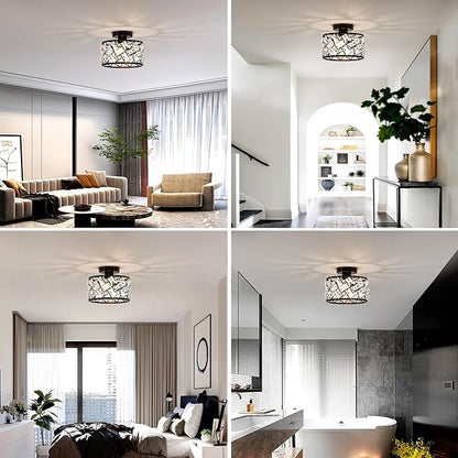 Rpzloila Crystal Ceiling Light Fixture, Modern Semi Flush Mount Ceiling Light,Crystal Chandelier for Kitchen Bedroom Bathroom Entryway, Black Finish