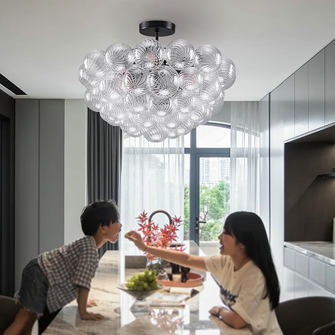 Hand Blown Glass Bubble Ball Chandelier Black Finish 24" Semi-Flush Mount Ceiling Light Fixtures Art Deco Cluster Ribbed Glass Globe Lighting for Dining Room Living Entry Farmhouse