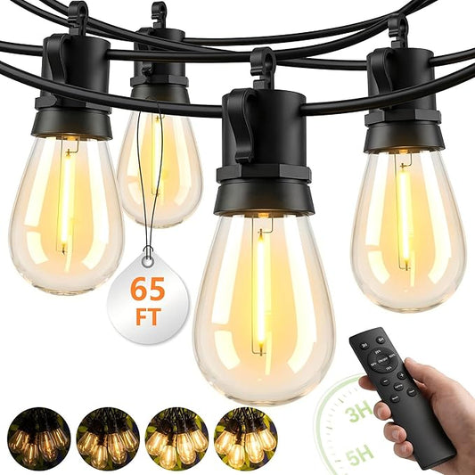 Outdoor String Lights LED Patio-Light - 65Ft Outside Waterproof Dimmable Porch Lights with Remote Shatterproof S14 Bulbs Outside Hanging Light Connectable Lighting for Gazebo Backyard Bistro Pergola