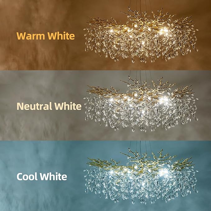 Modern Tree Branch Crystal Chandelier 40" Gold Luxury Large Pendant Lighting 15-Light Contemporary K9 Crystal Chandeliers for Dining Room Kitchen Living Room Foyer Entryway (Gold, D40-Round)