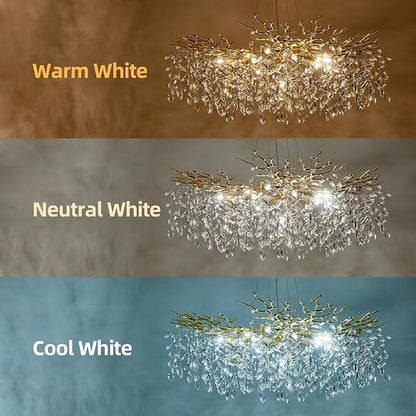 Modern Tree Branch Crystal Chandelier 40" Gold Luxury Large Pendant Lighting 15-Light Contemporary K9 Crystal Chandeliers for Dining Room Kitchen Living Room Foyer Entryway (Gold, D40-Round)