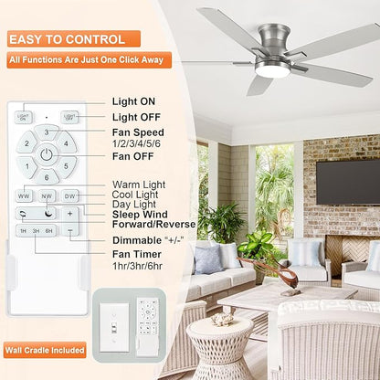 52 Inch Flush Mount Brushed Nickel Ceiling Fan with Light and Remote Control.Noiseless,Dimmable,3CCT,6 Speeds Reversible, Low Profile DC Ceiling Fans for Indoor or Covered Outdoor Use,ETL Listed