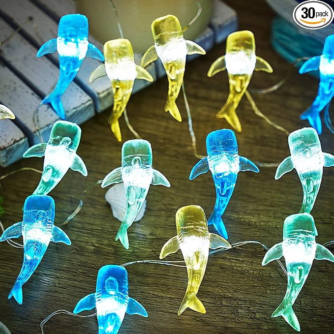 Nautical Theme Ocean Décor Outdoor Beach Decorative String Lights Whale Shark Cute Marine Life Novelty Night Lights 30LED 10ft Battery Operated for Outdoor Indoor Decor
