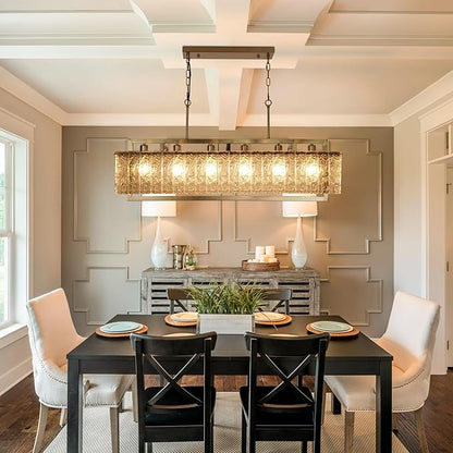 42" Gold Crystal Modern Chandelier for Dining Room, Chandeliers with Water Ripple Glass, Adjustable Chain Length,Luxury Rectangular Pendant Light Fixture for Kitchen Island Living Room