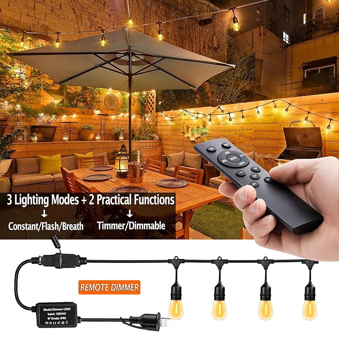 1-Pack 150 ft Outdoor String Lights with Remote Patio Lights Weatherproof, 45+3 Spare S14 Shatterproof Warm 2200K Bulbs, 3 Lighting Modes&Dimmable&Timer