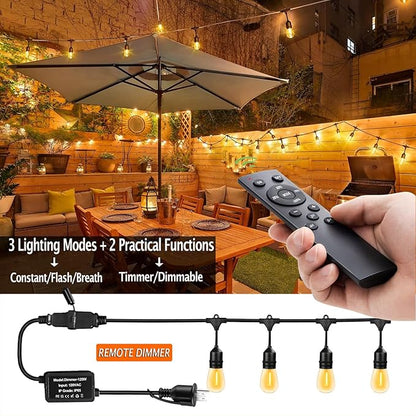 1-Pack 150 ft Outdoor String Lights with Remote Patio Lights Weatherproof, 45+3 Spare S14 Shatterproof Warm 2200K Bulbs, 3 Lighting Modes&Dimmable&Timer