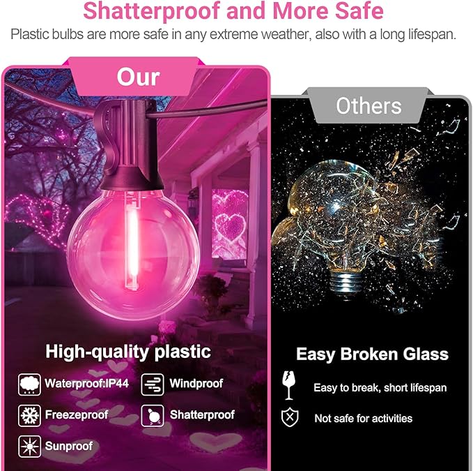 LAMPHOME Pink LED Outdoor String Lights, 26FT Patio Lights with 12+1 Shatterproof Edison Bulbs, UL Waterproof Connectable Dimmable Hanging Lights for Backyard Porch Garden Deck Balcony Decor