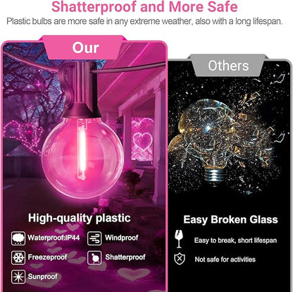 LAMPHOME Pink LED Outdoor String Lights, 26FT Patio Lights with 12+1 Shatterproof Edison Bulbs, UL Waterproof Connectable Dimmable Hanging Lights for Backyard Porch Garden Deck Balcony Decor