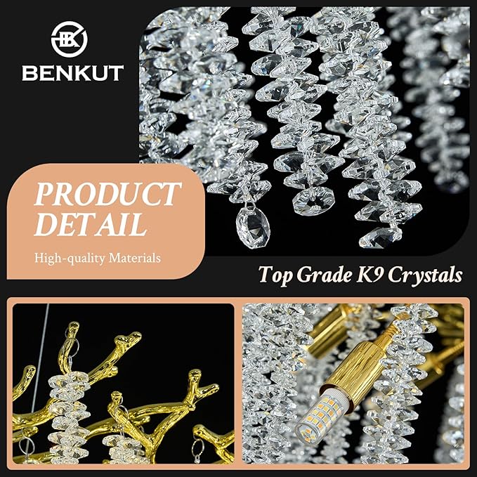 Benkut Modern Tree Branch Crystal Chandelier Luxury Gold Raindrop Pendant Lighting 38" Contemporary 10-Light Chandeliers for Dining Room Kitchen Bedroom Living Room