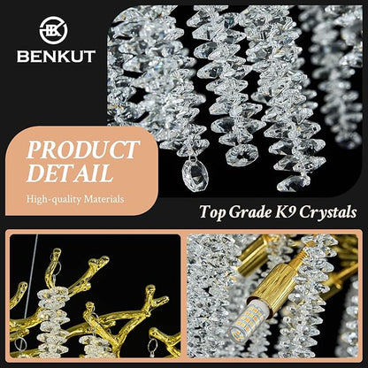 Benkut Modern Tree Branch Crystal Chandelier Luxury Gold Raindrop Pendant Lighting 38" Contemporary 10-Light Chandeliers for Dining Room Kitchen Bedroom Living Room