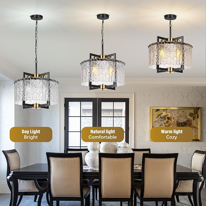 Black & Gold Chandelier Crystal Farmhouse Pendant Light, Semi Flush Mount Ceiling Chandelier Light Fixtures,16" Water Ripple Glass Shade,for Dining Room Kitchen Foyer Entryway