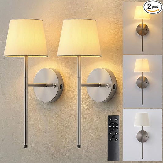Wall Sconces Battery Operated Set of Two, Small Rechargeable Wall Lights with Remote, 5200mAh Fabric Shade Cordless Wall Lamp for Bedroom, Hallway, Living Room, Dining Room, Picture (Silver)