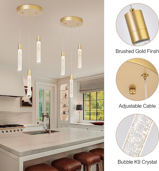 3 Light Pendant Lights Kitchen Island,Modern LED Bubble Crystal Pendants with Dimmable 3000K-6000K Ceiling Hanging Light Fixture for Dining Room Bedroom,Gold Finish,Adjustable Height 59"