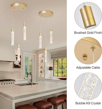 3 Light Pendant Lights Kitchen Island,Modern LED Bubble Crystal Pendants with Dimmable 3000K-6000K Ceiling Hanging Light Fixture for Dining Room Bedroom,Gold Finish,Adjustable Height 59"