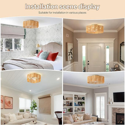 Caged Ceiling Fan with Lights, Flush Mount 20" Boho Ceiling Fans with Lights Remote Control, Low Profile Bladeless Rattan with 6 Speeds for Bedroom, Nursery, Kitchen