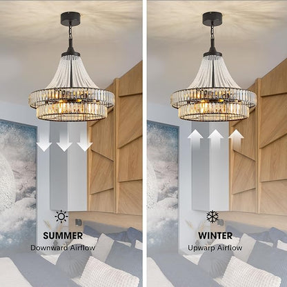 24“ Farmhouse Crystal Chandelier Ceiling Fan with Lights, Remote & App Control, 6-Speed Reversible Large Fandelier, Double Layer Design for Bedroom, Living Room (Black)