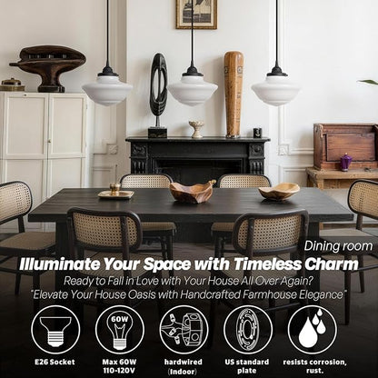 Modern Schoolhouse Ceiling Pendant Light with Milk White Glass Lampshade, Vintage Globe Hanging Ceiling Fixture Lamp for Kitchen Island Dining Room Hallway