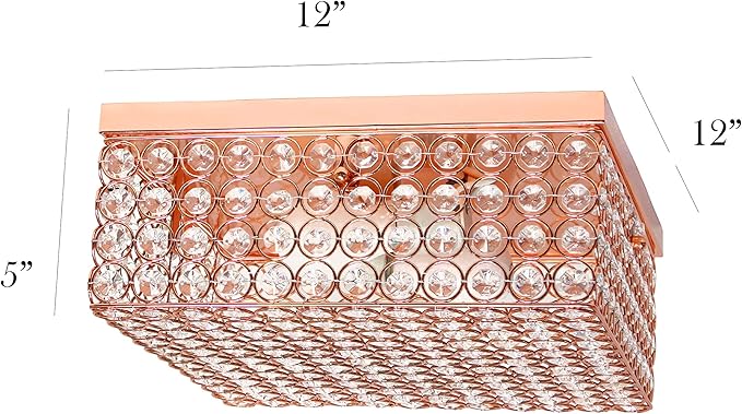 Elegant Designs FM1004-RGD Elipse Crystal 12 Inch Modern Metal 2 Light Squared Ceiling Flush Mount Fixture, Rose Gold