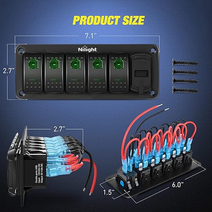 Nilight 5 Gang Rocker Switch Panel Green Backlit with 4.8 Amp Dual USB Charger Voltmeter Waterproof 12V 24V DC Night Glow Stickers for Car Trucks Boats RVs