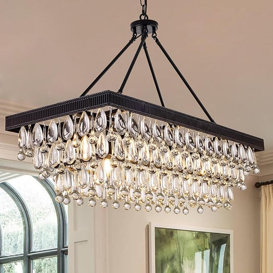 TOCHIC Crystal Dining Room Chandelier Over Table, Black Linear Rectangle Chandeliers, 7 Lights Modern Farmhouse Pool Table Billiard Light Fixture for Kitchen Island, Living Room, Entryway, 38" L