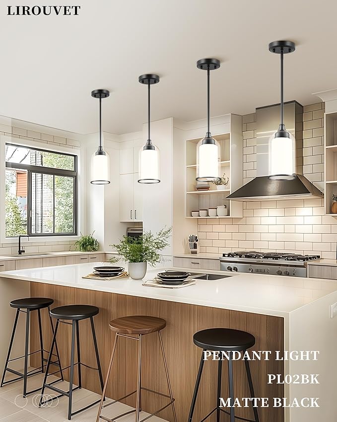 LIROUVET Black Pendant Light Fixtures - Dual Glass Hanging Light, 1-Light Pendant Lights with Clear and Milk Glass, Industrial Pendant Lighting for Kitchen, Dining Room, PL02BK-N
