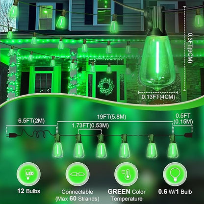 LAMPHOME 2-Pack 26Ft ST38 Green St Patrick's Day Patio Lights, Outdoor String Lights with 12+1 Shatterproof LED Edison Bulbs, Waterproof String Lights for Bistro Christmas Party Decor