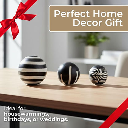 Patterned Ceramic Orbs for Home Decor Styling - Geometric Sculpture for Bathroom, Office, and Living Room Centerpiece - Ornaments Accent for Coffee Table Display - Set of 3, 6", 5", 4", Black & White