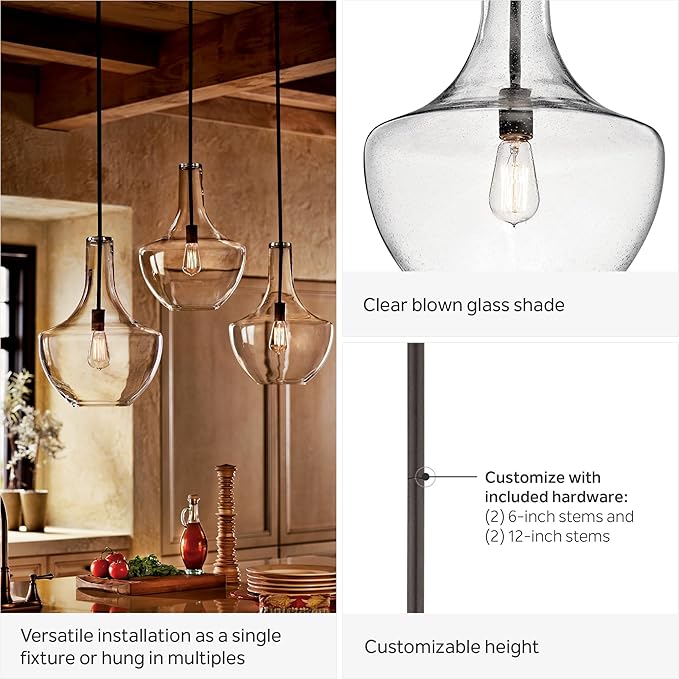 Kichler Everly 15.25" Kitchen Bell Pendant in Chrome, 1-Light Clear Glass Pendant Light, (15.25" H x 10.5" W), 42141CHCLR
