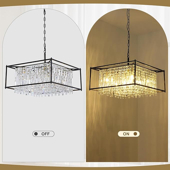 Miuyhji Black Chandeliers for Dining Room, Black Square Lndustrial Chandelier Crystal Pendant Light for Kitchen Island Dining Room Living Room Flat and Inclined Ceiling,L24 x W24 x H17.5