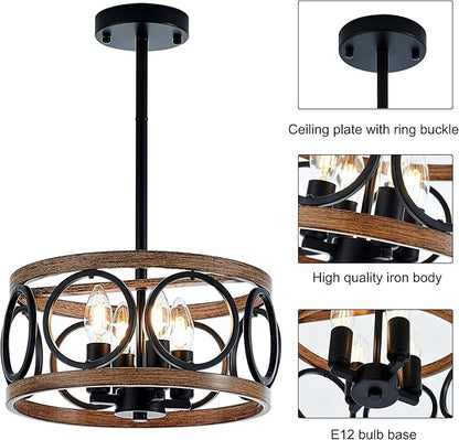 4-Light Farmhouse Drum Pendant Light,12.6'' Nature Wood Texture Vintage Rustic Chandeliers Black Metal Industrial Hanging Light Fixtures for Entryway, Bedroom Dining Room