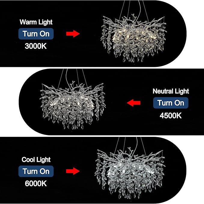 Modern Crystal Tree Branches Chandelier, 30in Silver 10 Lights Large Ceiling Hanging Light for Dining Room, Round Raindrop Pendant Light Fixture