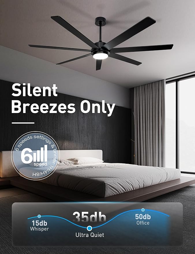 65 Inch Black Smart Ceiling Fan with Light and Remote via WIFI Alexa APP Control,Dimmable,Quiet DC Motor Indoor Outdoor Ceiling Fans for Patios or Bedroom