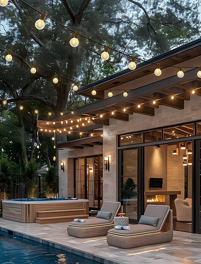 50FT Outdoor String Lights with G40 Globe Bulbs, Waterproof Patio Lighs with 27 Shatterproof LED Bulbs (2 Spares), Dimmable for Weddings, Backyard Parties, Porch Decor, Black Wire