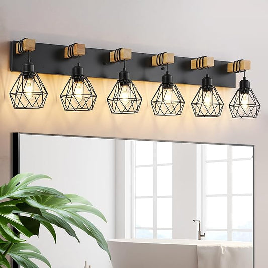 Farmhouse Vanity Light for Bathroom, 6-Light Wood Bathroom Vanity Light Fixtures Over Mirror, Rustic Sconces Wall Lighting with Metal Lampshade for Living Room, Bedroom, Hallway