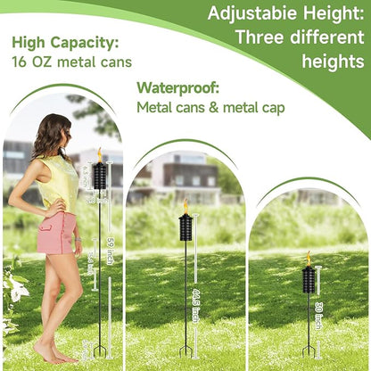 ZSZMFH 6 Pcs Metal Torch for Outside, 16 oz Outdoor Metal Torch Garden Décor,59-Inch Upgraded Citronella Torches with 3-Prong Grounded Stake, Table Top Torches for Party Patio Pathway