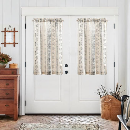 jinchan Boho Kitchen Curtains Linen Tier Curtains 45 Inches Bohemian Cafe Small Drapes Striped Mudcloth Farmhouse for Bathroom RV Camper Light Filtering Rod Pocket 2 Panels Black on Beige