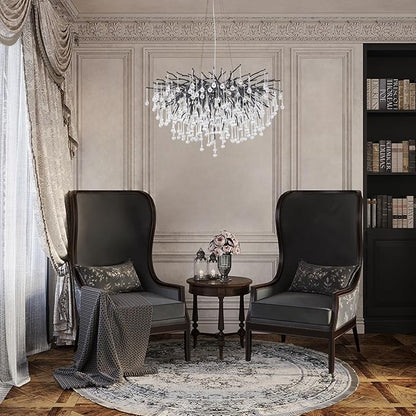 Chandeliers for Dining Room - 31.5" Modern Black Crystal Chandelier, Round Tree Branch Raindrop Chandelier, Foyer Chandeliers for Entryway, Living Room,Bedrooms,Bathroom(Bulb not Included)