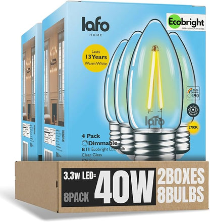 EcoBright Dimmable LED Candelabra Light Bulbs B11 Chandelier Bulbs 40W Equivalent E26 Base 2700K Warm White High CRI Flicker Free ETL and FCC Certified Decorative Filament Bulbs 8 Pack