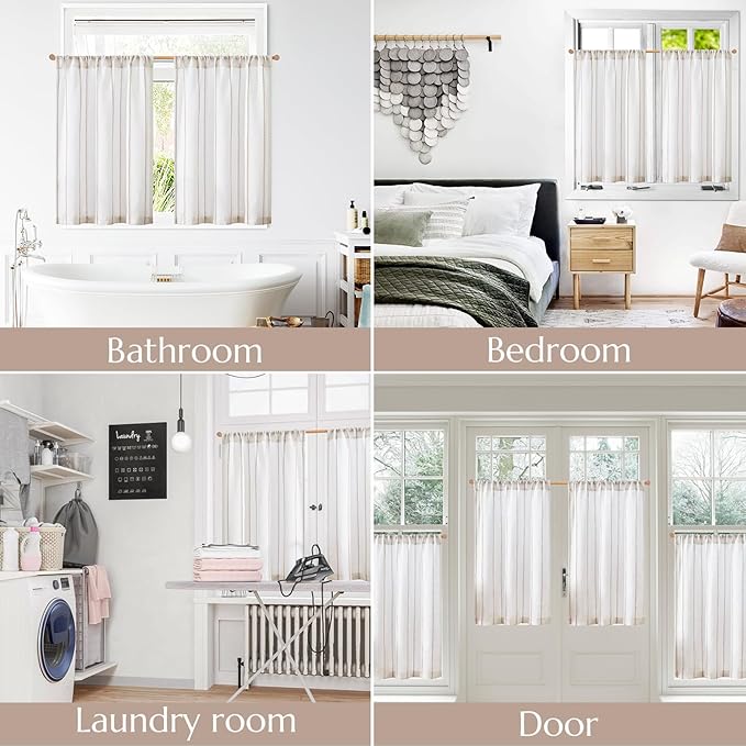 jinchan Linen Striped Kitchen Curtains Tier Cafe Curtains for Living Room Bathroom RV 36 Inch Farmhouse Rustic Half Window Treatment Light Filtering 2 Panels Taupe on White