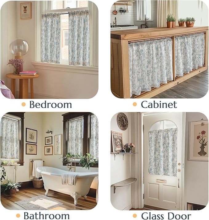 jinchan Floral Kitchen Curtains for Windows 24 Inch Linen Tier Farmhouse Cafe Curtains Country Botanic Small Window Rod Pocket Rustic Flax for Laundry Bathroom RV 2 Panels Blue on Beige